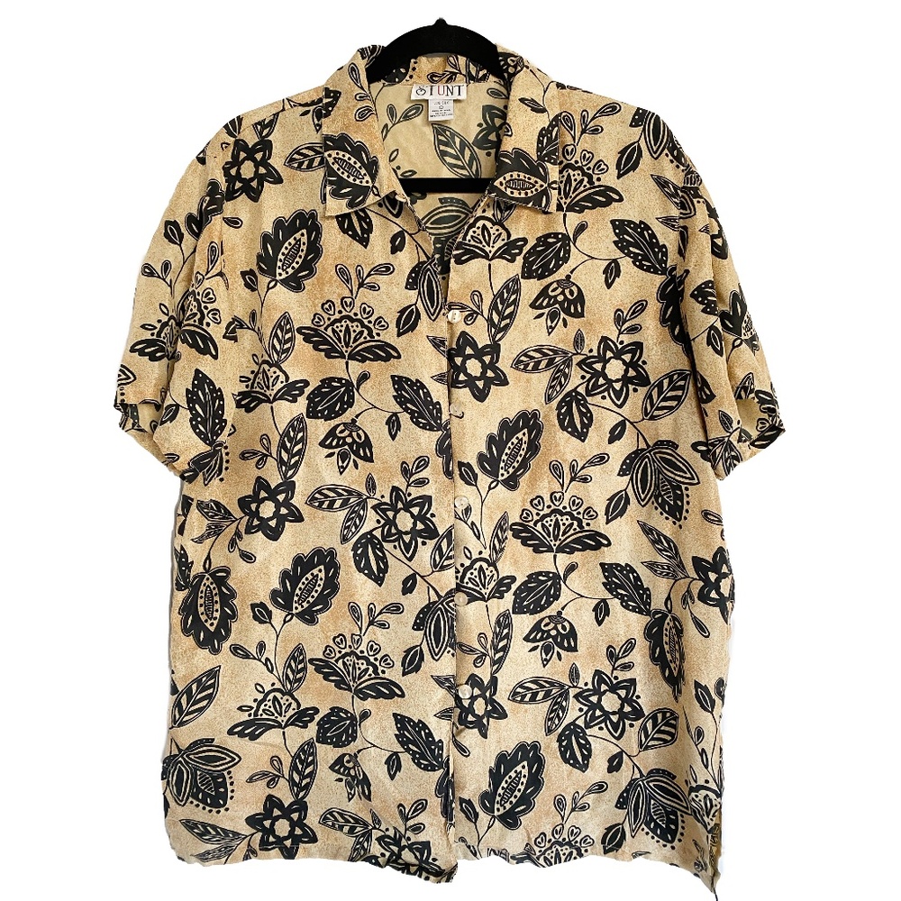 STUNT 100% Silk Floral Short Sleeve Button Down Shirt Size Large